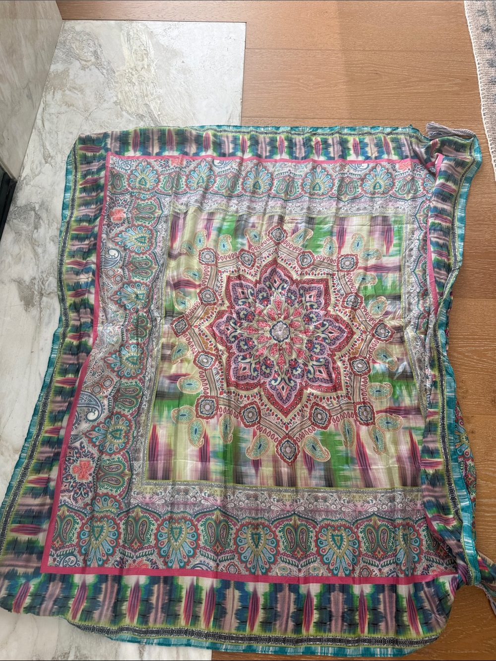 Johnny Was Multicolor Floral Medallion Silk Scarf - Green, Pink, Teal